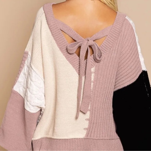 POL Colorblock Patch Mixed Knit Balloon Sleeves Tie Back
Sweater - Picture 4 of 15